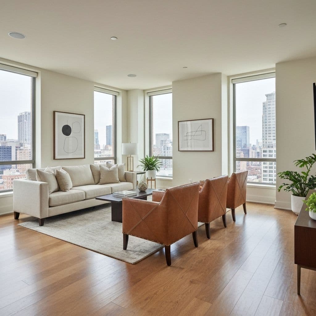 Modern luxury living room with brown leather chairs